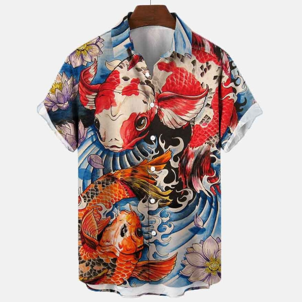 Camisa Estampas de Tatuagem, Carpa, Dragão, Oriental