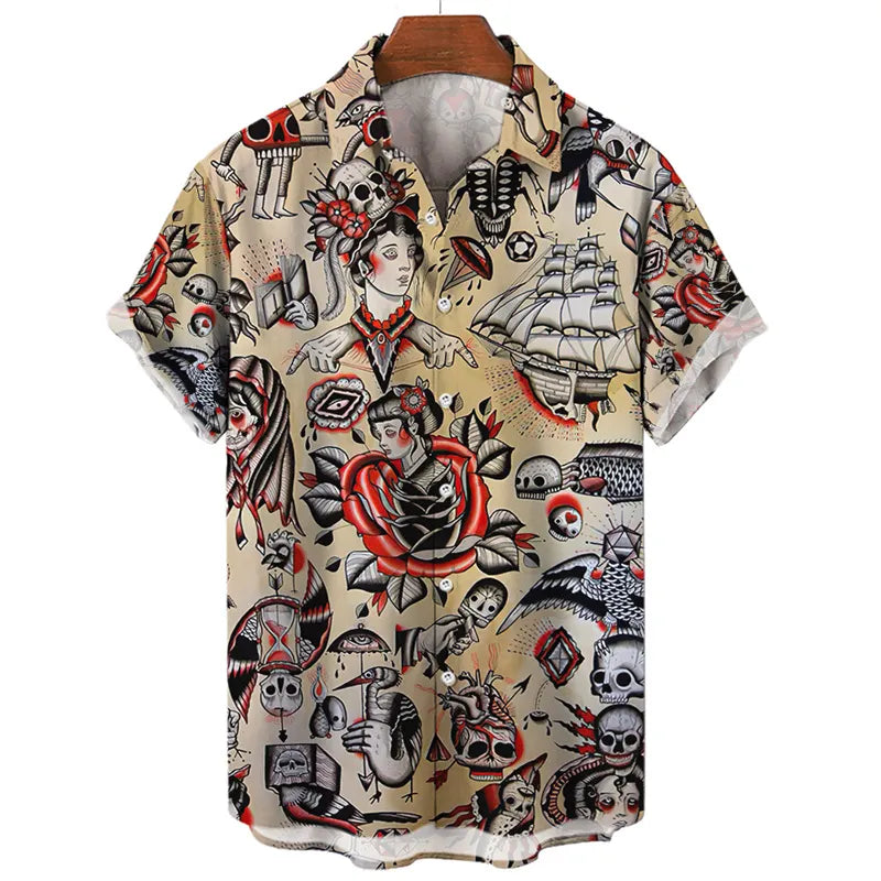 Camisa Estampada Havaiana, Caveira, Tatuagem Old School, Carpa, Tigre