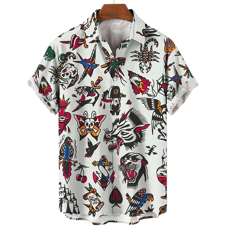 Camisa Estampada Havaiana, Caveira, Tatuagem Old School, Carpa, Tigre