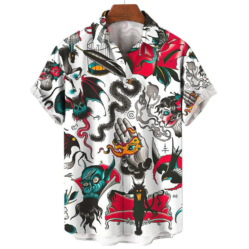 Camisa Estampada Havaiana, Caveira, Tatuagem Old School, Carpa, Tigre