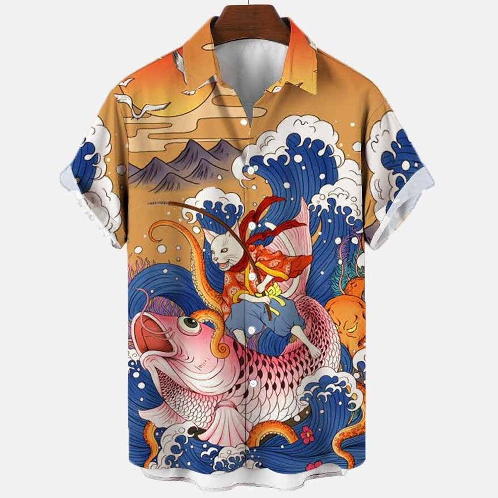 Camisa Estampas de Tatuagem, Carpa, Dragão, Oriental