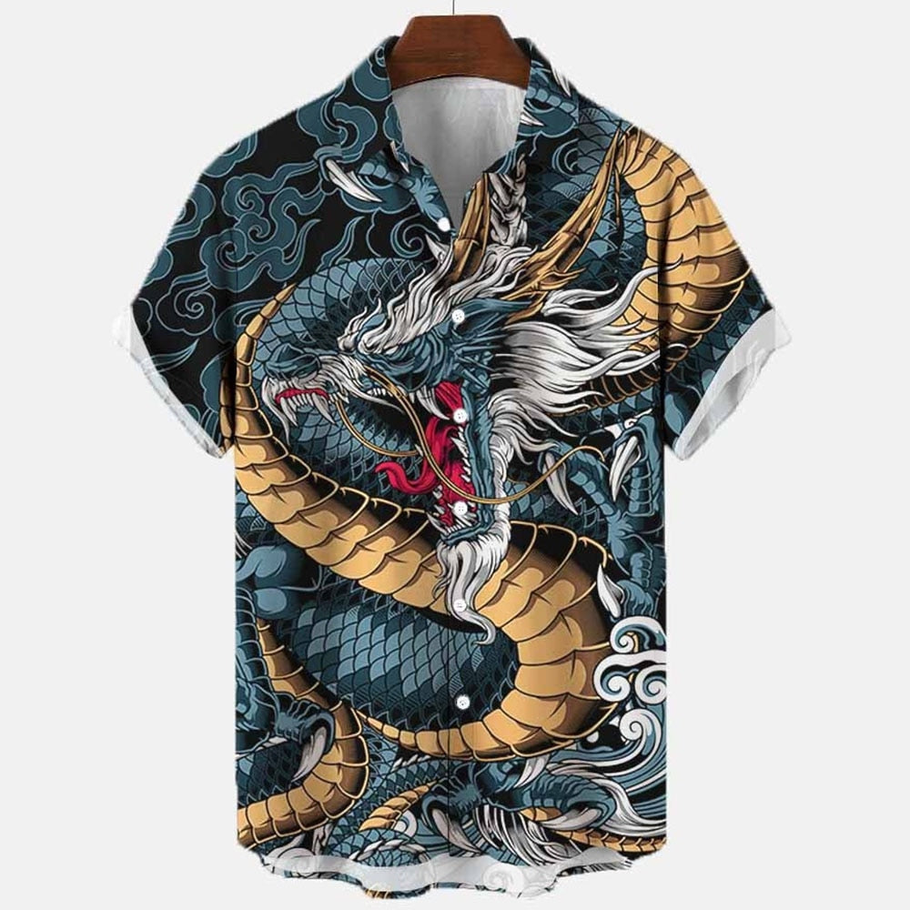 Camisa Estampas de Tatuagem, Carpa, Dragão, Oriental