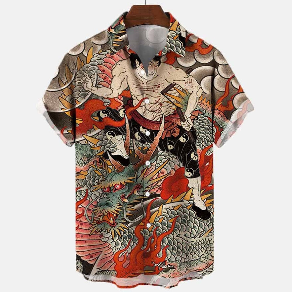 Camisa Estampas de Tatuagem, Carpa, Dragão, Oriental