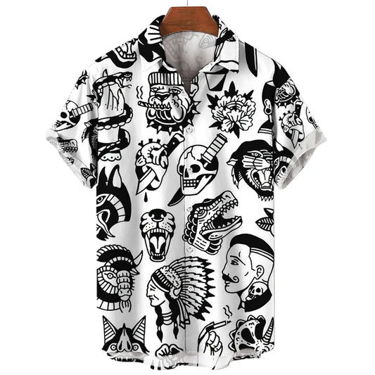 Camisa Estampada Havaiana, Caveira, Tatuagem Old School, Carpa, Tigre