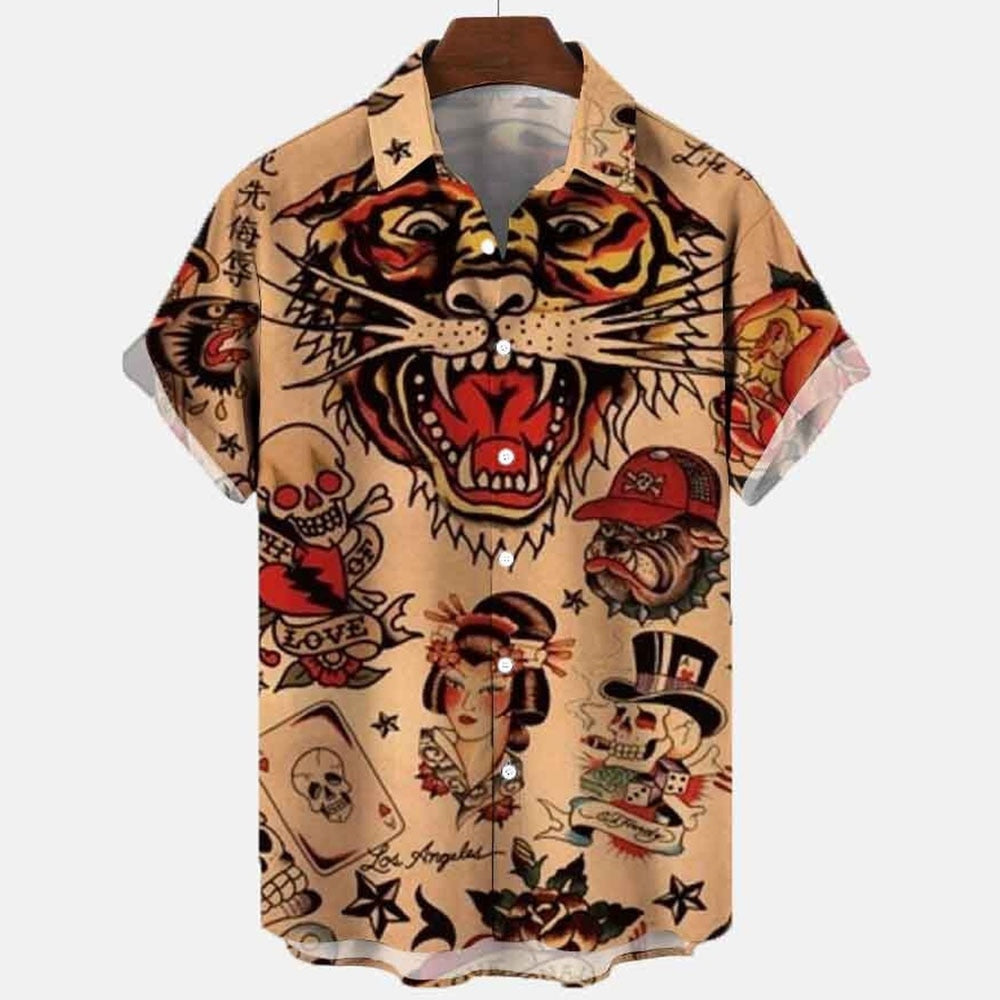 Camisa Estampas de Tatuagem, Carpa, Dragão, Oriental