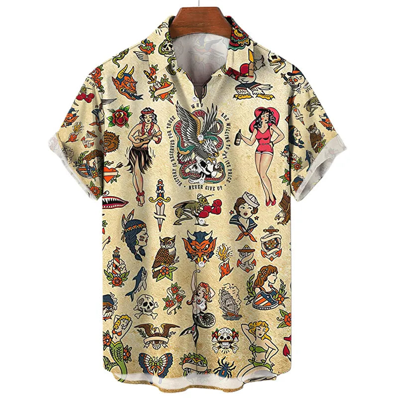 Camisa Estampada Havaiana, Caveira, Tatuagem Old School, Carpa, Tigre