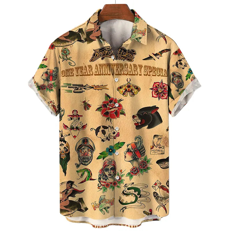 Camisa Estampada Havaiana, Caveira, Tatuagem Old School, Carpa, Tigre