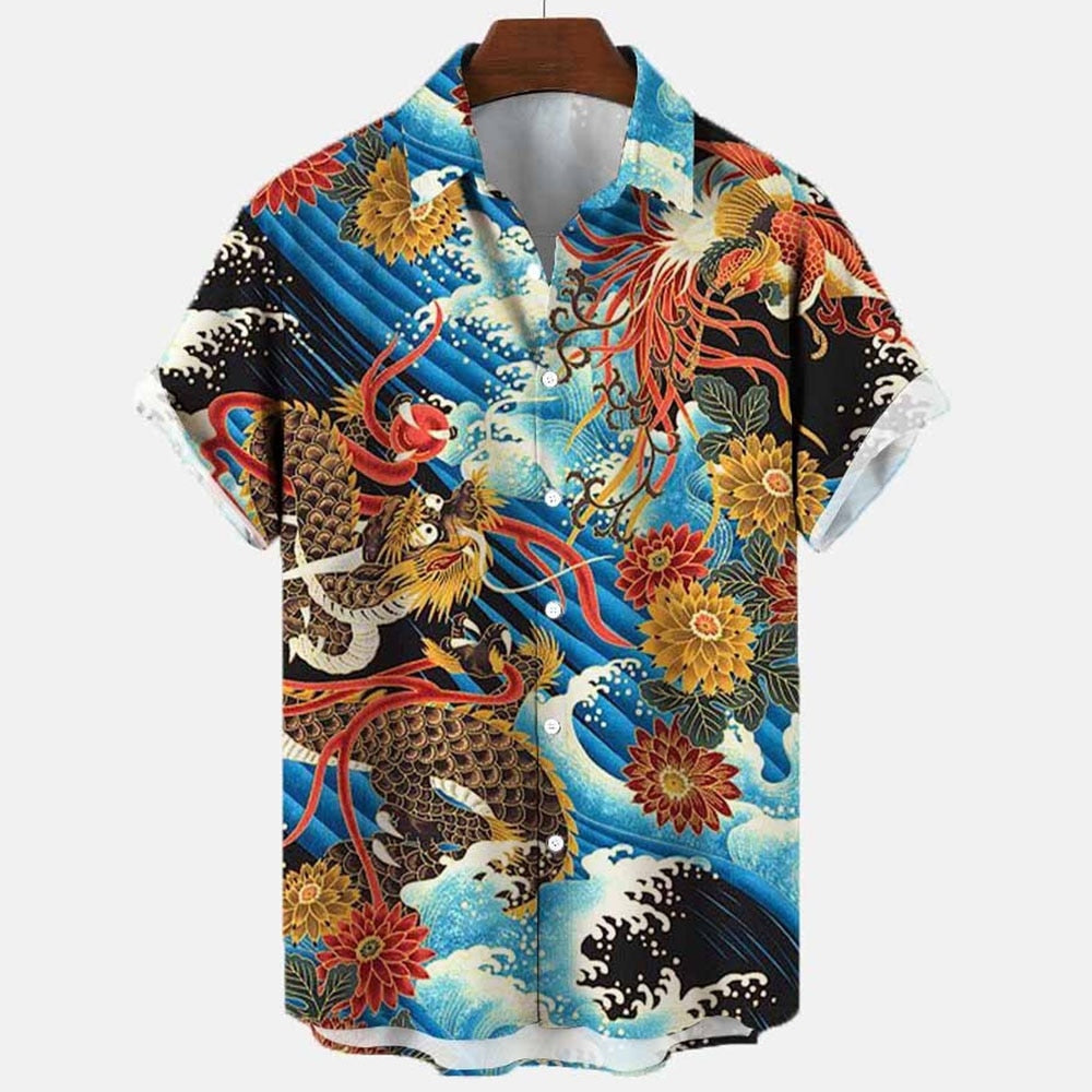 Camisa Estampas de Tatuagem, Carpa, Dragão, Oriental