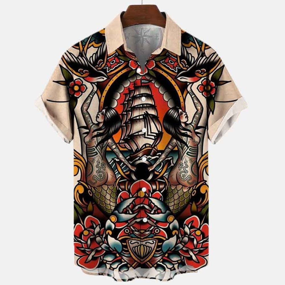 Camisa Estampas de Tatuagem, Carpa, Dragão, Oriental